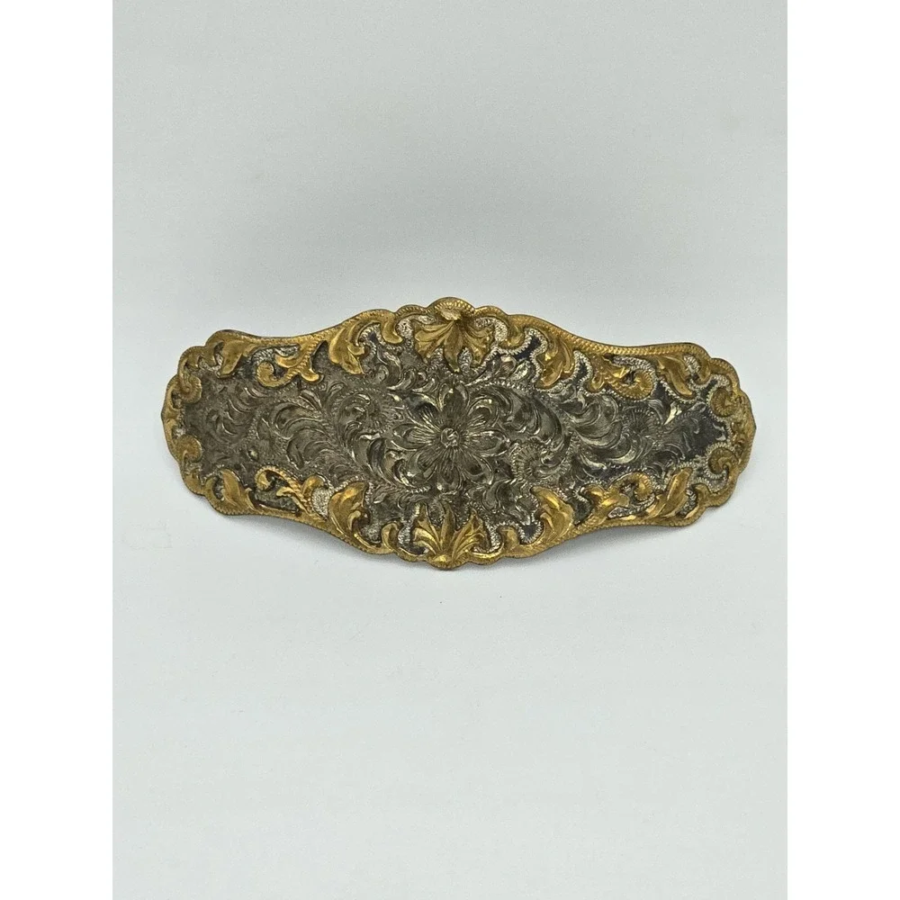 Vintage Ornate Repoussé Floral Silver & Gold Barette‎